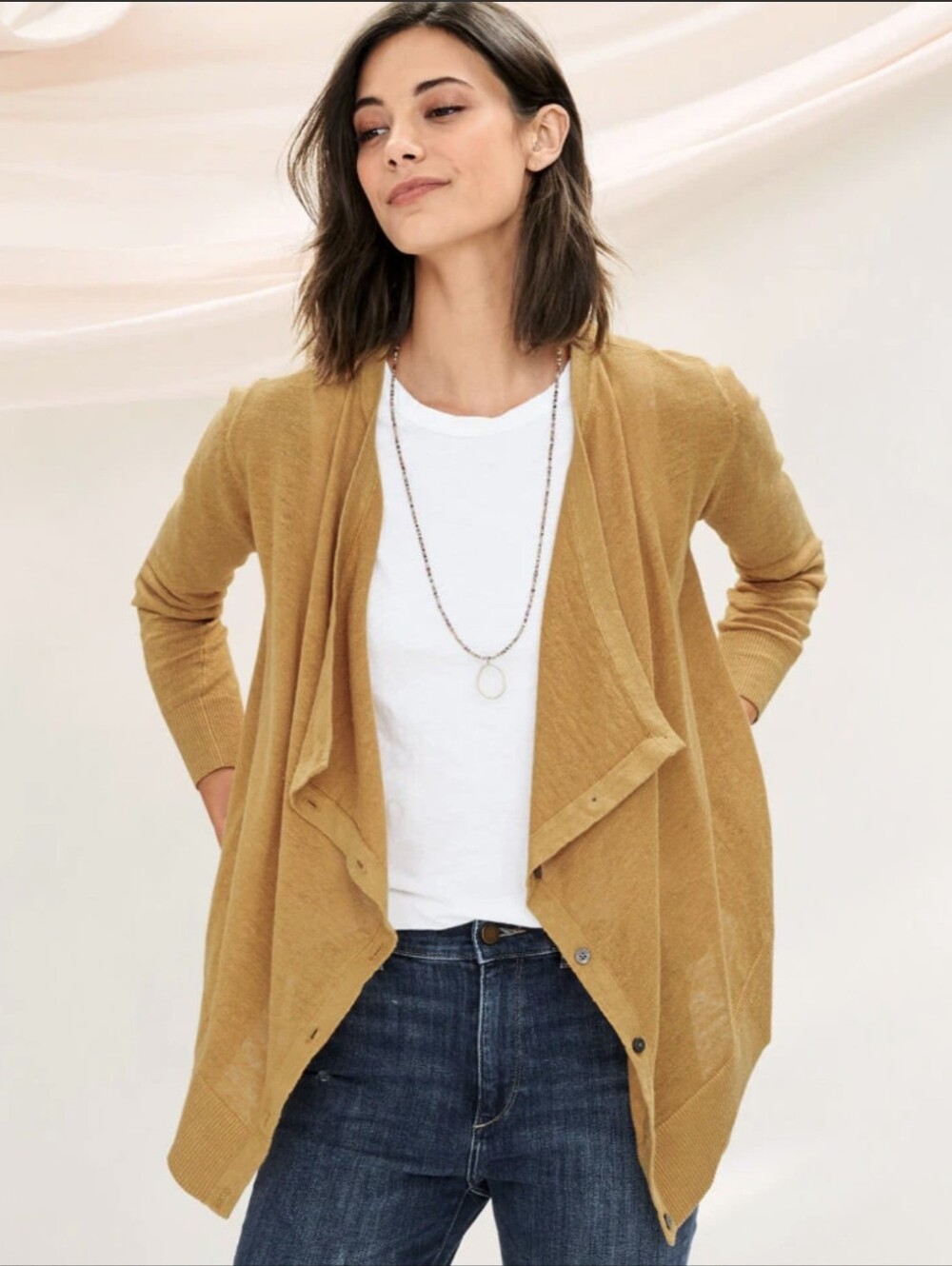 Garnet Hill Organic Linen Open-Front Mustard Modern Cardigan Sweater Boho Fall M